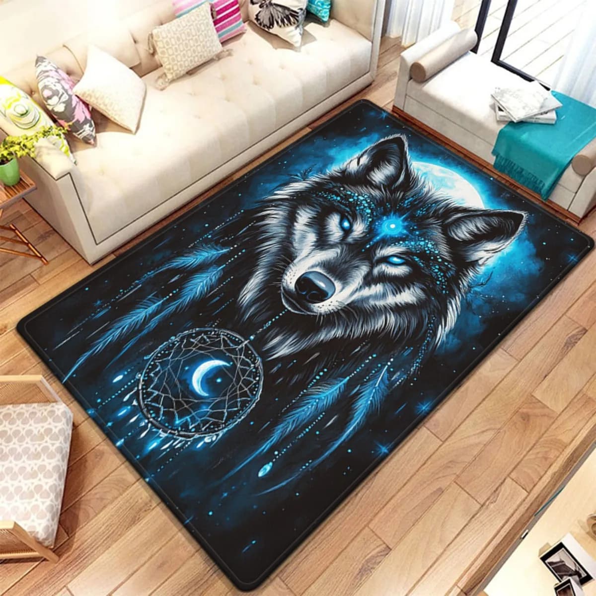 Blue Wolf Dreamcatcher Night Sky Crystal Velvet Rug Mystical Animal Print Floor Mat Nordic Style Living Room Carpet