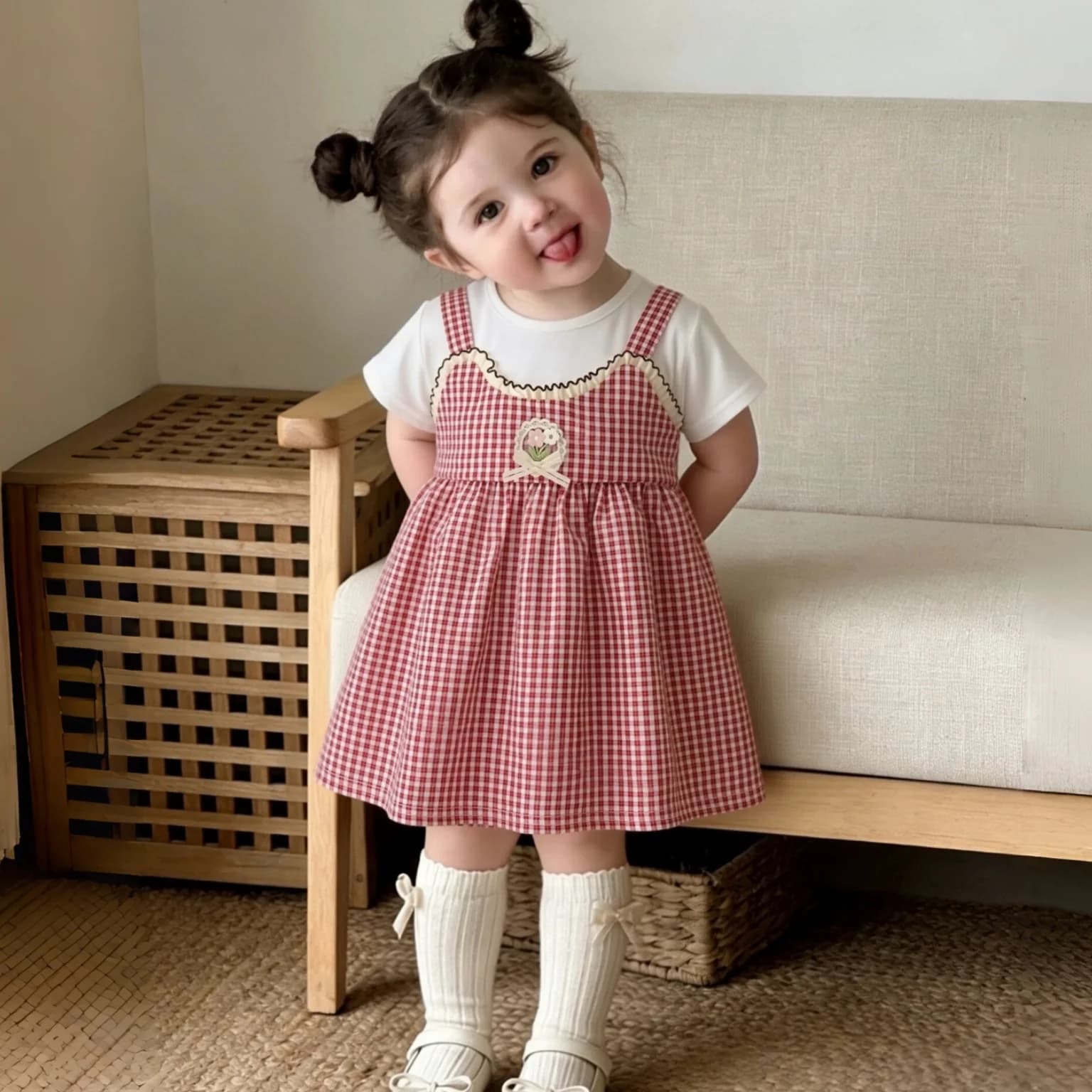 Abito estivo per bambina, nuovo, dolce, a quadretti, con fragole, casual, morbido e comodo da indossare, abbigliamento per bambini da 6 mesi a 2 anni