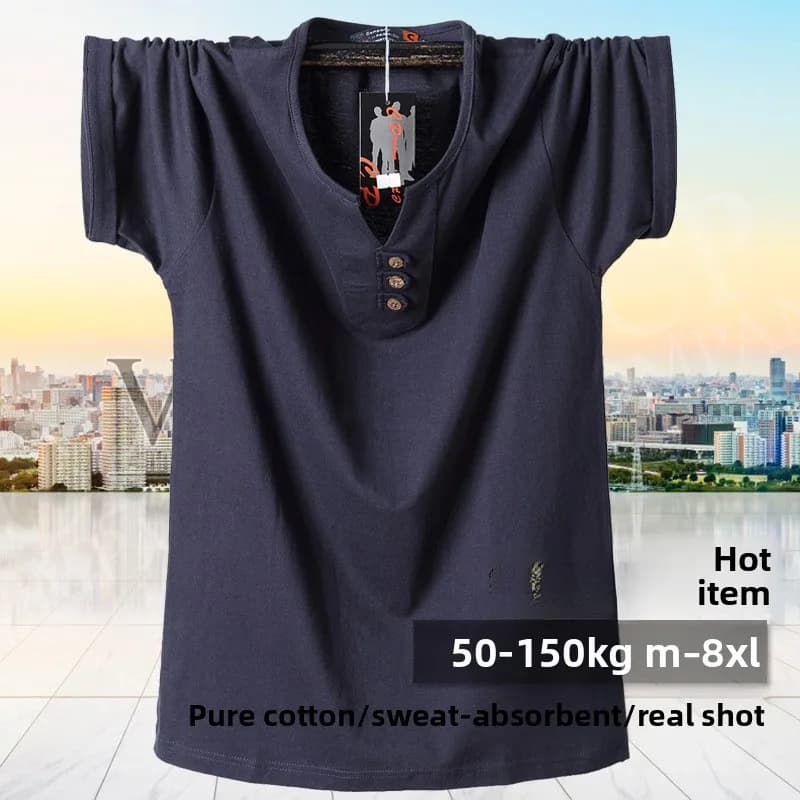 QICHE Heavy Cotton V Neck Tee Men Oversized Plus Size Short Sleeve Loose T-shirt For Big Guys Daily Wear