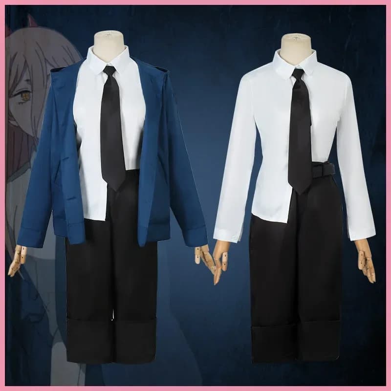 Power Cosplay Chainsaw Man Costume Giacca blu Parrucca Corno Forcine Donna Halloween Carnevale Festa di ruolo Vestito Anime Suit