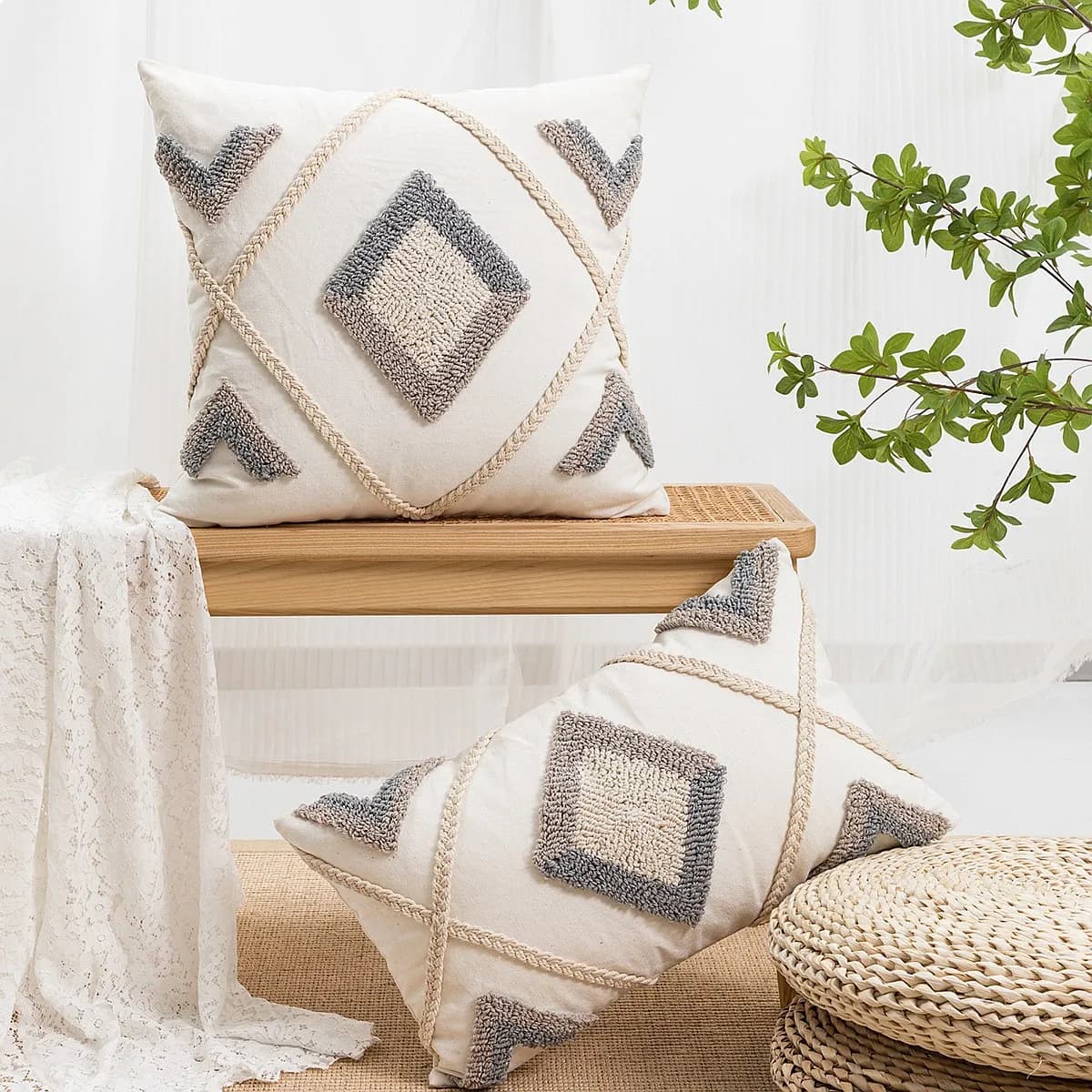 1pc Looped Pile Diamond Pattern Weaving Throw Pillow Cover for Sofa Bedroom Living Room Decorative Cushion Case