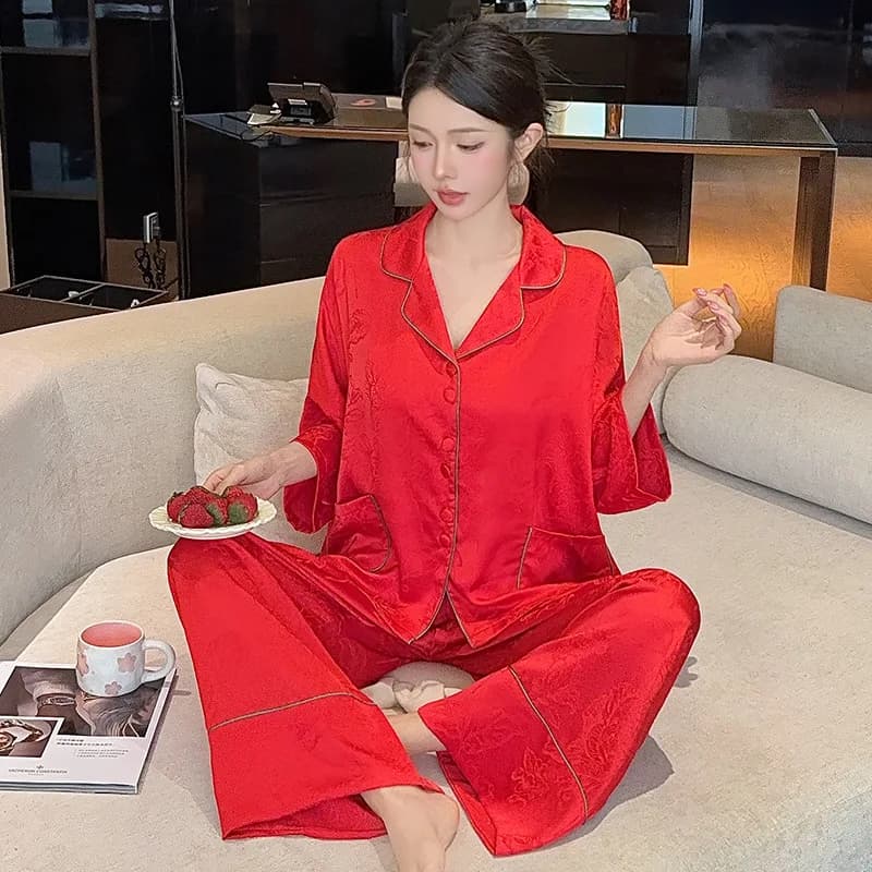 Nuovo Set Pigiama Donna Primavera-Estate in Seta Jacquard con Maniche a Pipistrello, 2 Pezzi, Elegante e Lussuoso, Maniche Lunghe e Pantaloni, Abbigliamento da Casa