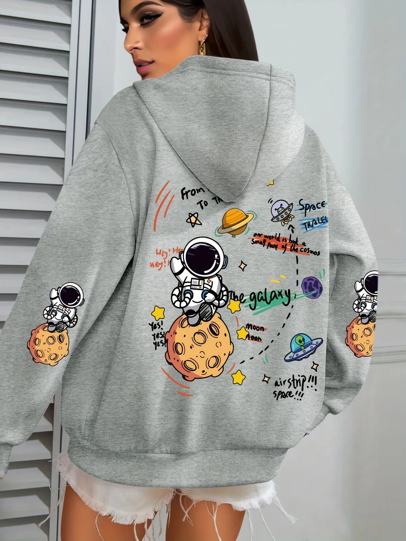 Felpe con cappuccio con stampa di cartoni animati Galaxy e astronauta Donna O-Collo Felpa con cappuccio morbida casual Felpa con cappuccio oversize alla moda Autunno caldo pile con cappuccio