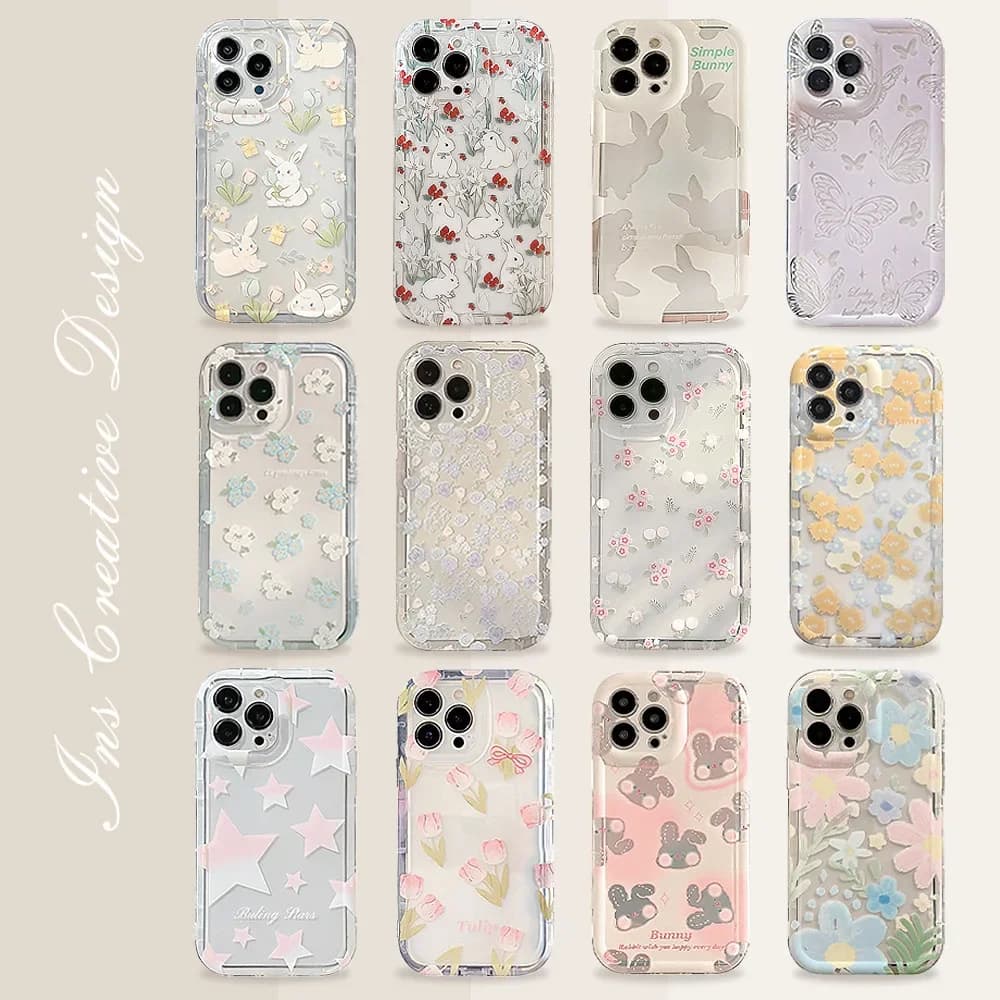 Case for phone series transparent with rabbit flower cute cartoon for iPhone 16 11 15 13 14 12 Pro Max Protective case soft shockproof