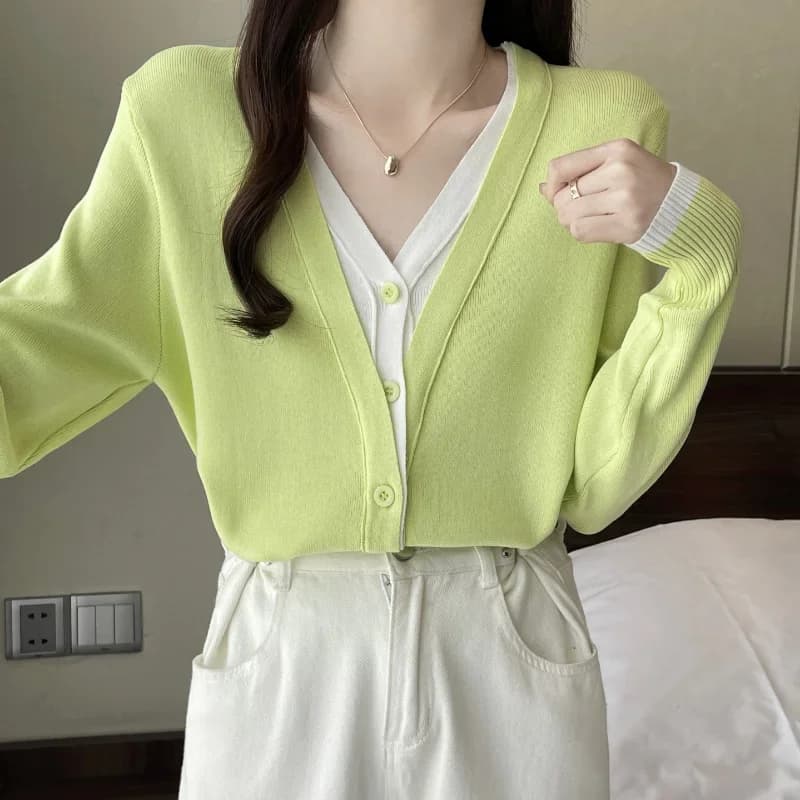 2025 nuovi cardigan in due pezzi finti donna moda coreana patchwork manica lunga primavera autunno lavorato a maglia femminile