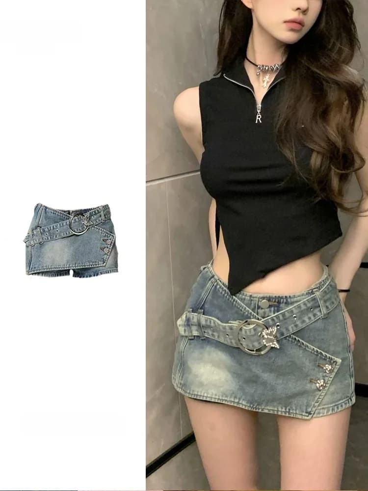 Low Waist Irregular Denim Shorts Women's Summer New Design Sensual -Skirted Shorts Butt-Fitting Casual High Waist Washed