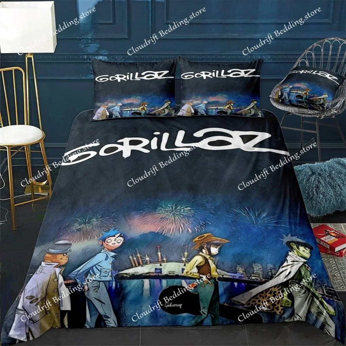 Set di biancheria da letto Music Band Gorillaz, copripiumino anime, copripiumino matrimoniale, copripiumino singolo, set di biancheria da letto per bambini con cartoni animati per la casa0
