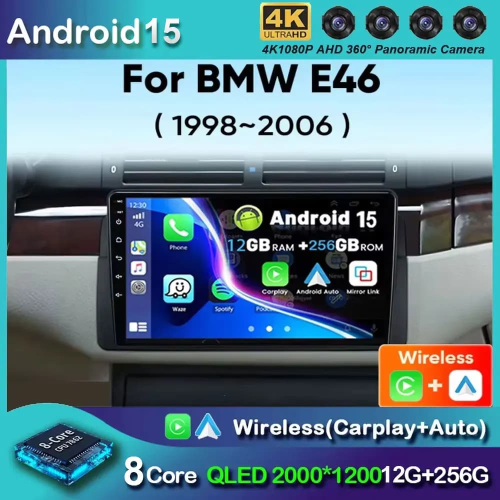 Android 15 Autoradio Per BMW E46 M3 318/320/325/330/335 Wireless CarPlay Auto 4G Lettore Multimediale GPS 2 Din Autoradio WIFI BT