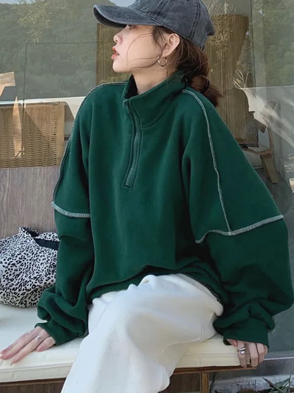 Retro Olive Green Collared Sweatshirt Women's Loose Casual Oversize Hoodie Autumn Winter Comfortable Long Sleeve Batwing Sleeve
