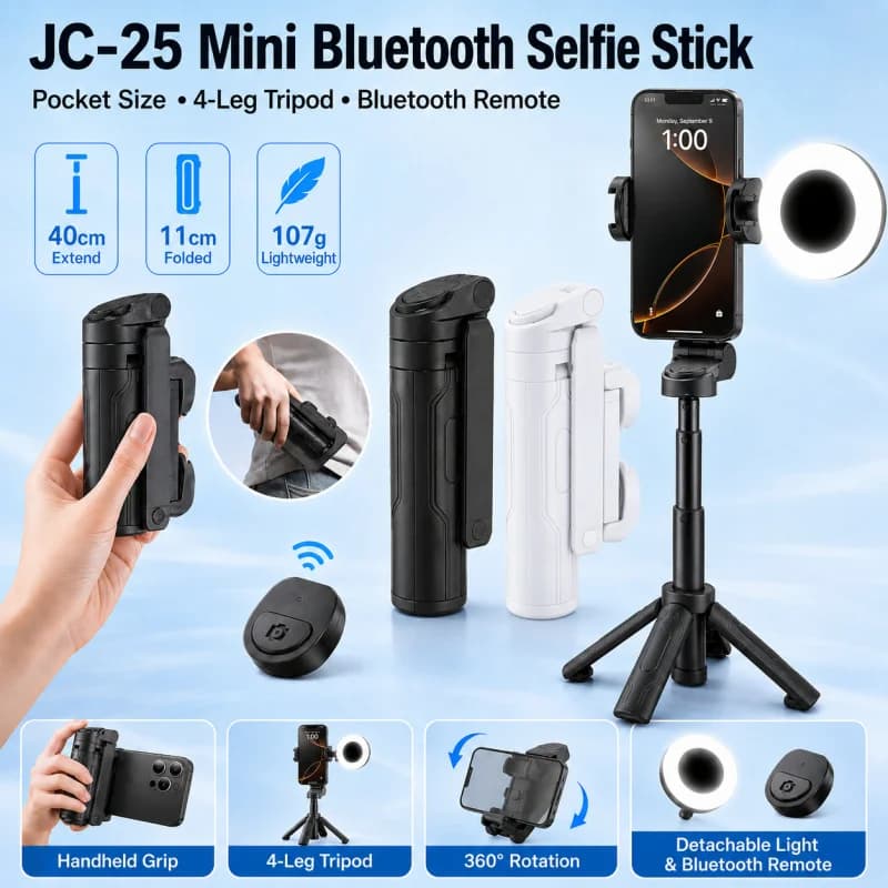 JC25 Mini Selfie Stick Tripod Portable Travel Phone Stand Foldable 4-Leg Floor Tripod for Photo Video Vlog