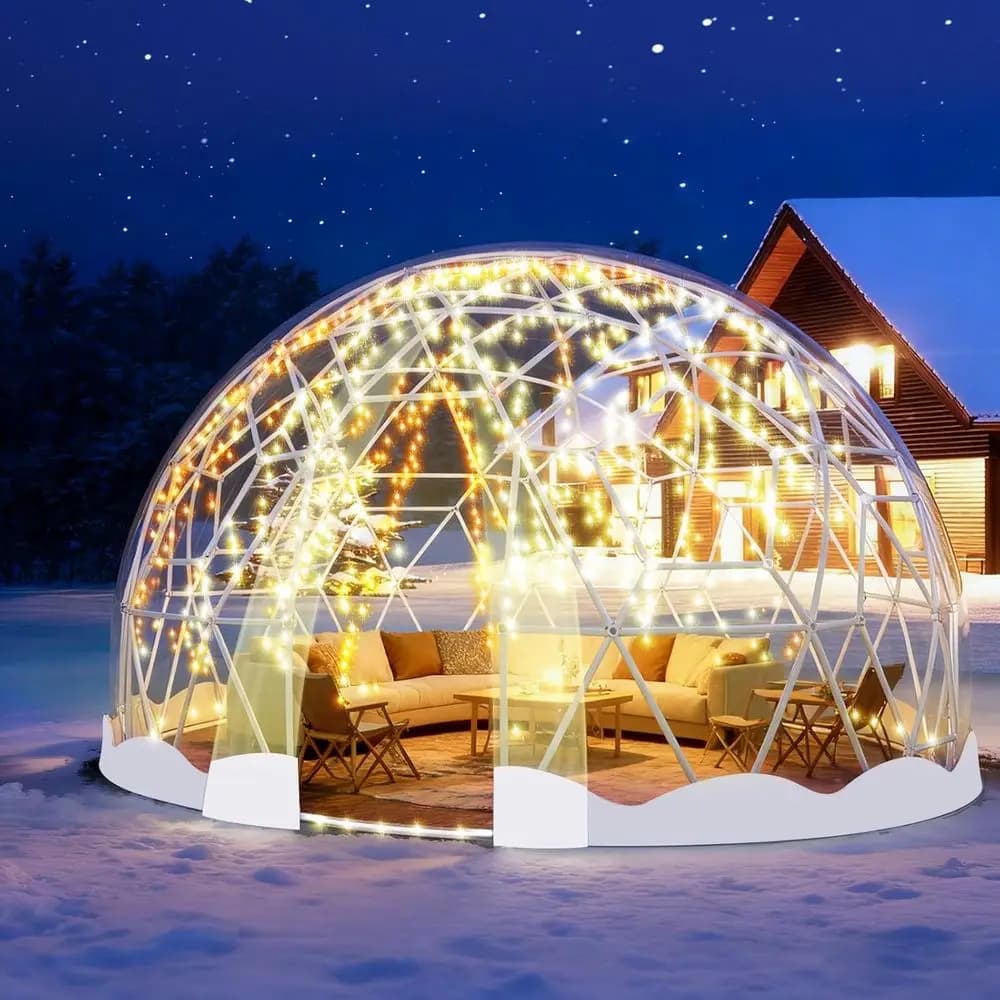 Tenda a cupola geodetica trasparente in PVC da 12,5 m, casa a bolle impermeabile con 2 catene luminose da 10 m per esterni, patio, feste (Bianco E)