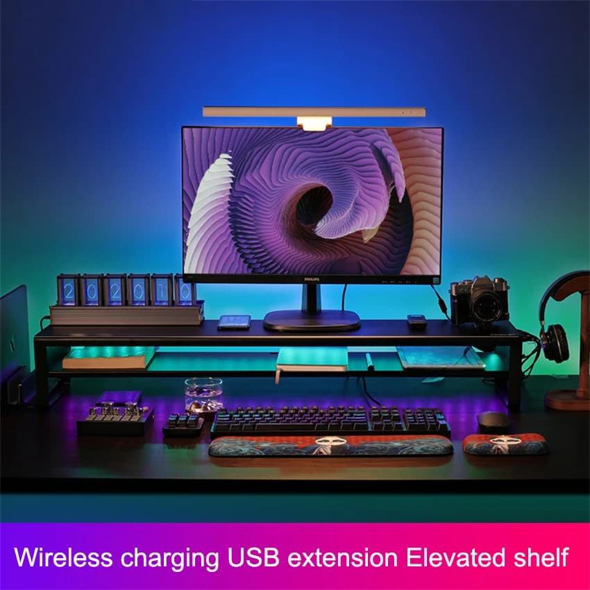 2 Tiers Dual Monitor Stand Aluminum Monitor Riser with Wireless Charging and 4 USB 3.0 Hub Ports for PC Computer TV Space saving