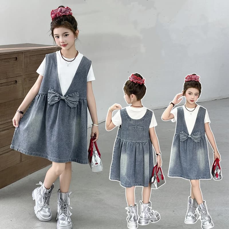 Fashionable Reversible Clothing for Kids Sleeveless Denim Vest Dress Large fit with bow for street dress for teenage girls Kids jeans dress