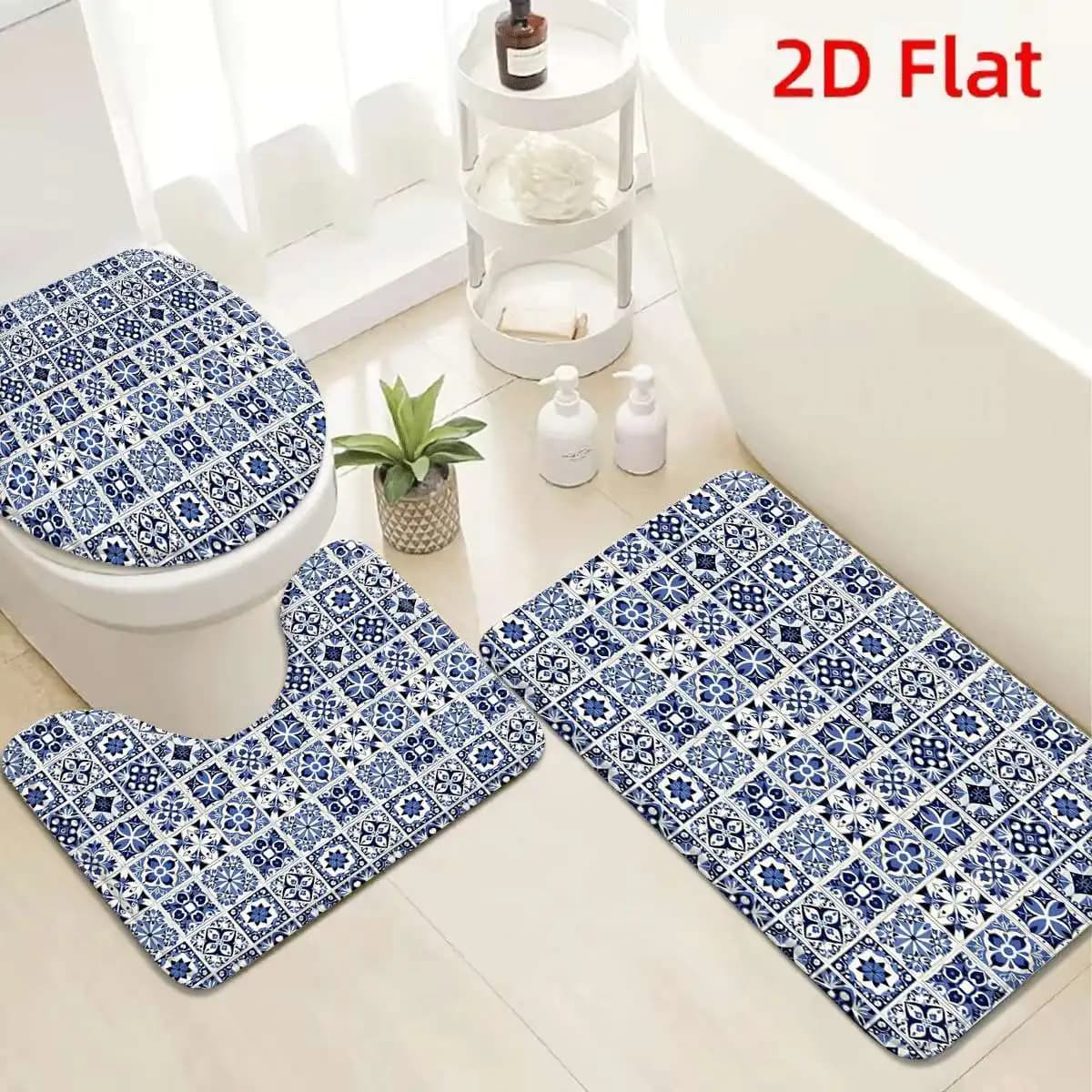 Set di Tappetini da Bagno Decorativi Blu e Bianchi con Motivi Geometrici, Antiscivolo e Assorbenti per Bagno e Area WC, Arredo Casa