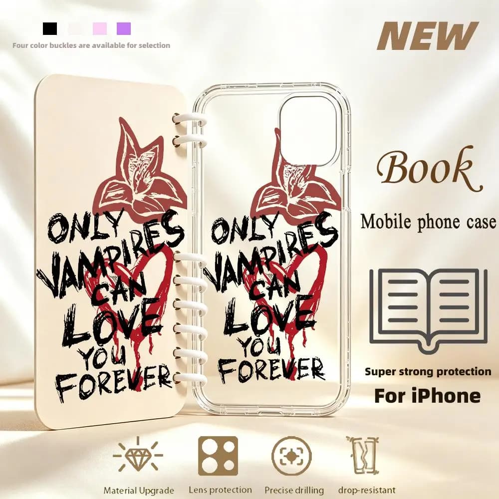 Vampire heart text art Book-style All-inclusive phone case for iPhone 17、16、15、14、13、12、11pm Pro Plus Double-sided Dropresistant