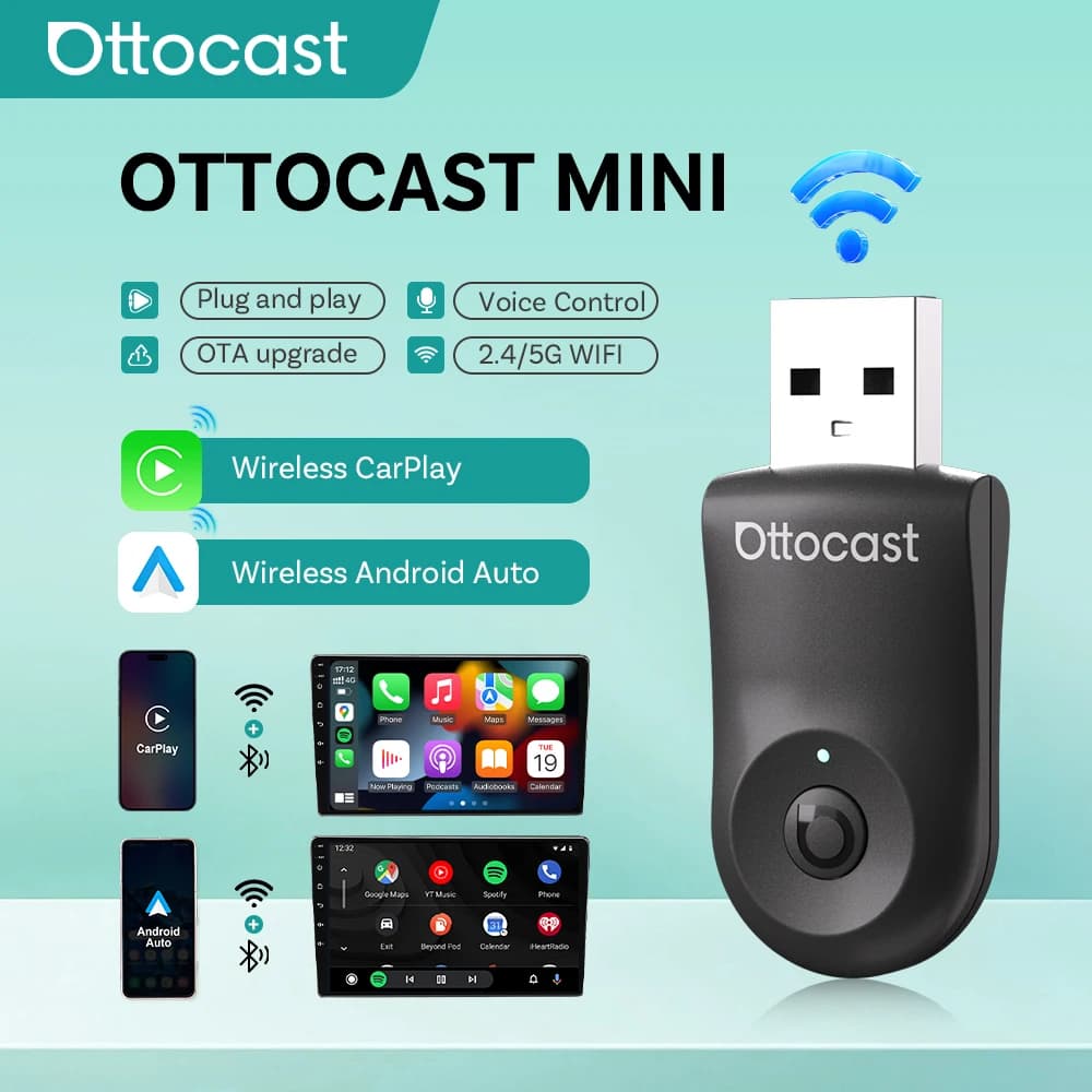 Adapter Ottocast 2 in 1 Wireless CarPlay Android Auto Plug Play Fast Connect Mini USB Dongle for Mercedes Benz Audi Toyota etc.