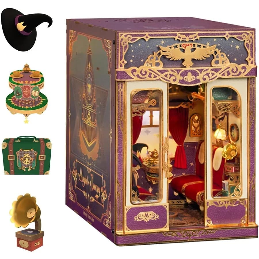Kit angolo libro fai da te per adulti, cabina del treno infinito in miniatura modello di carrozza magica vintage, libro per casa delle bambole puzzle 3D in legno