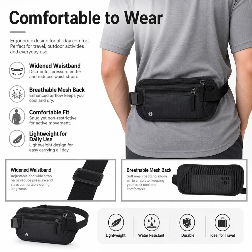 Men Hidden Belt Bag for Travel Anti Theft RFID Passport Wallet Holder Outdoor Sports Waist Bag Hidden Security Wallet