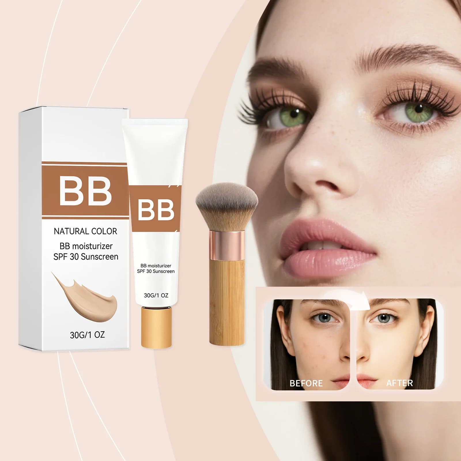 Crema BB Idratante Colorata SPF 30 con Acido Ialuronico, Tinta Naturale per la Pelle, Fondotinta e Pennello Ecologico per il Viso