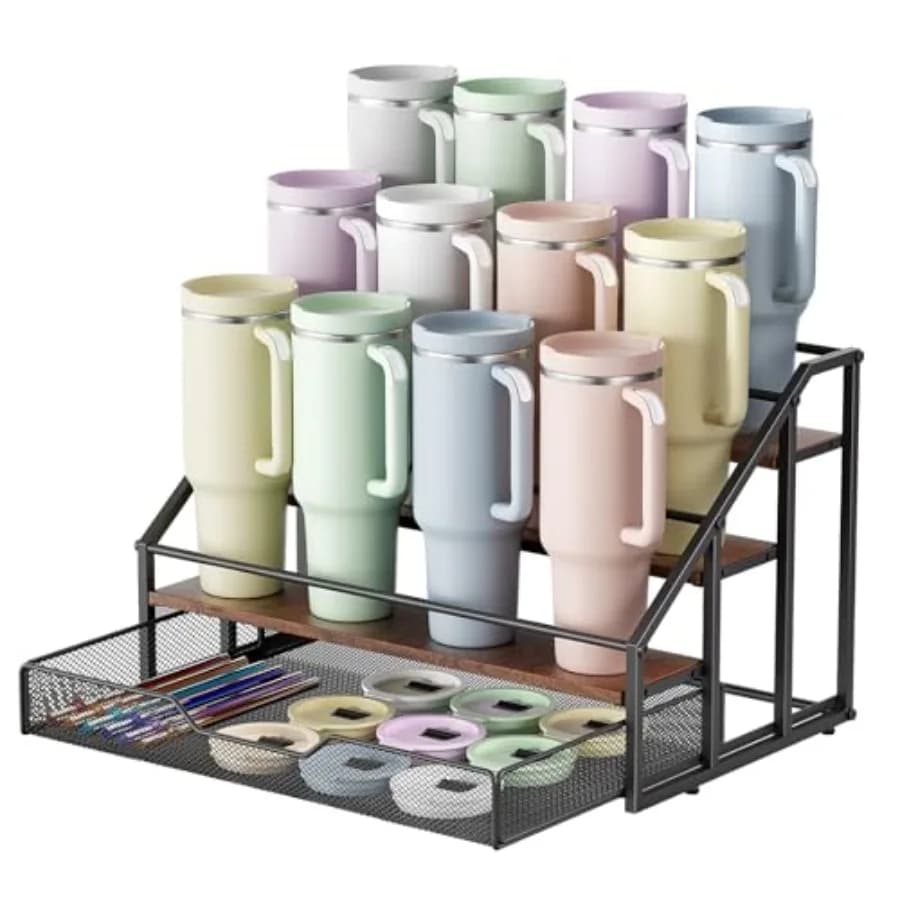 Organizzatore per Bottiglie d'Acqua Stanley, Portabottiglie a 4 Livelli per 12 Bottiglie con Cestello Portaoggetti per Accessori, Supporto Grande per Tumbler