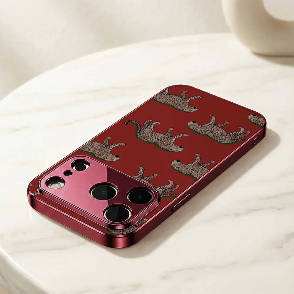 ECOCASE Cover per iPhone 17 16 15 14 13 12 11 Pro Max 16E, guscio in vetro elettroplaccato rosso, cover Leopard March