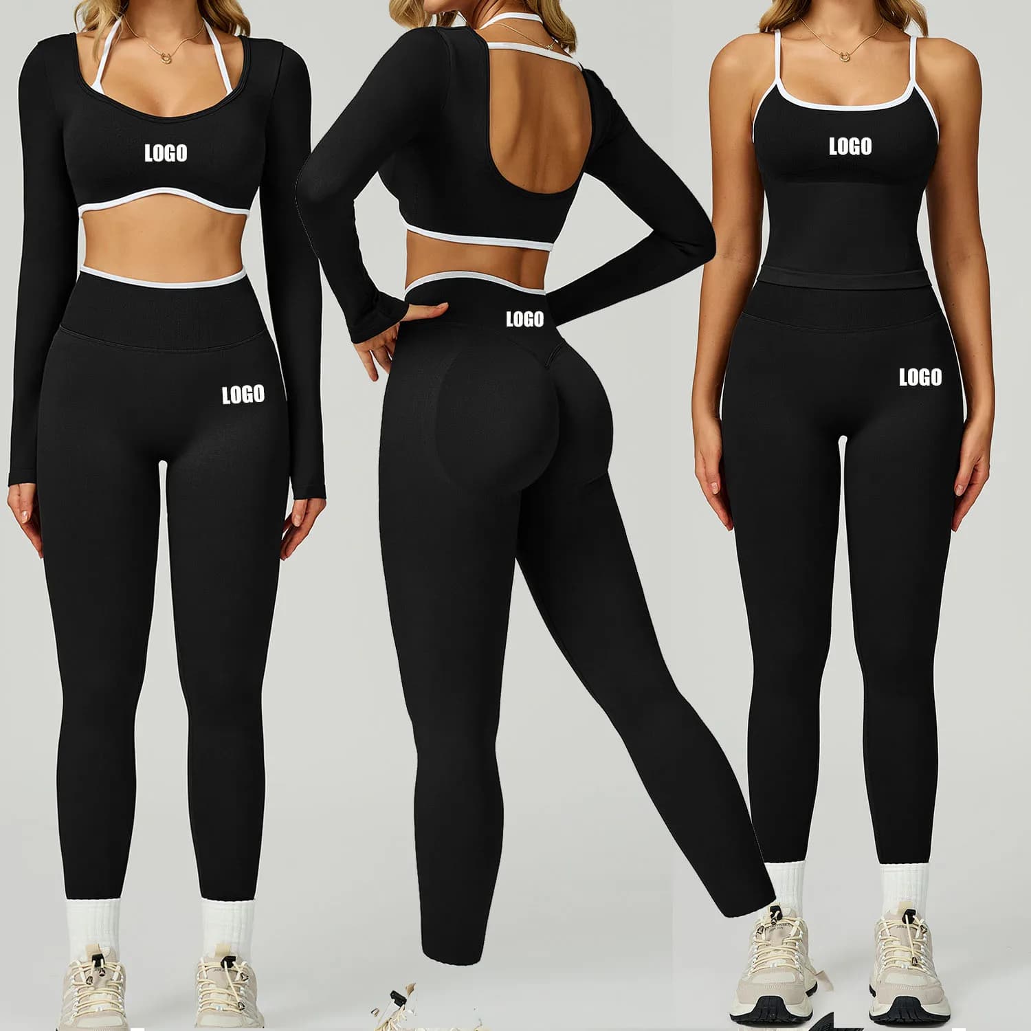 Customized LOGO Women's Seamless Contrast Color Yoga High Life Fitness Suit with Back Cava Outdoor Sports Race Set in Two Pieces