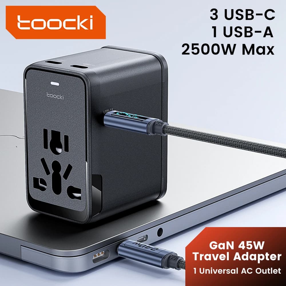 Adattatore da Viaggio Universale Toocki 45W 3C1A 2500W Tutto-in-Uno con Ricarica Rapida Tipo C, Spina Internazionale EU/UK/USA/AUS per Viaggi
