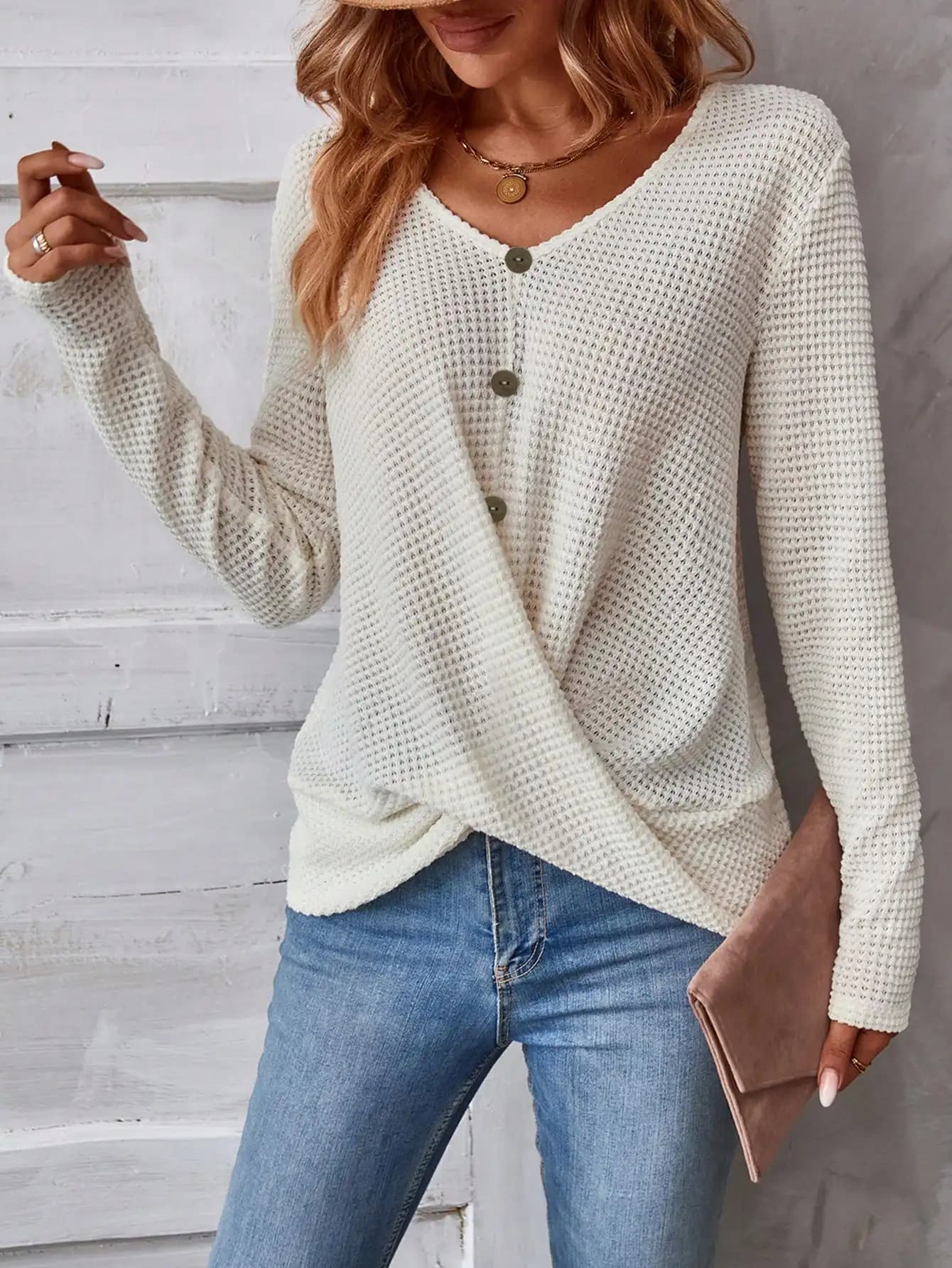 Womens White Waffle Knit V Neck Long Sleeve T-Shirt Button Down Loose Fit Casual Fall Winter Pullover Top Solid Color Knitwear
