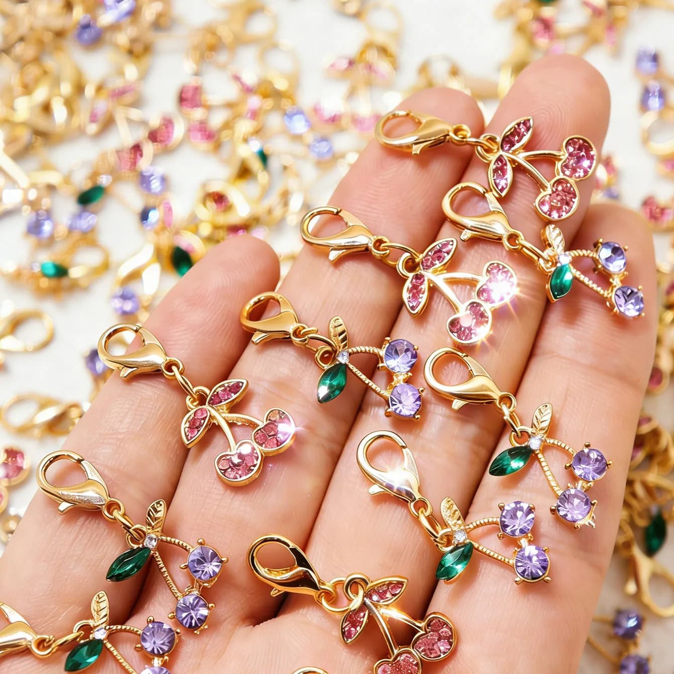 Ciondoli in ciliegio con fermagli a moschettone - Accessori fai da te per collane, bracciali, portachiavi, ciondoli per borse e decorazioni per scarpe