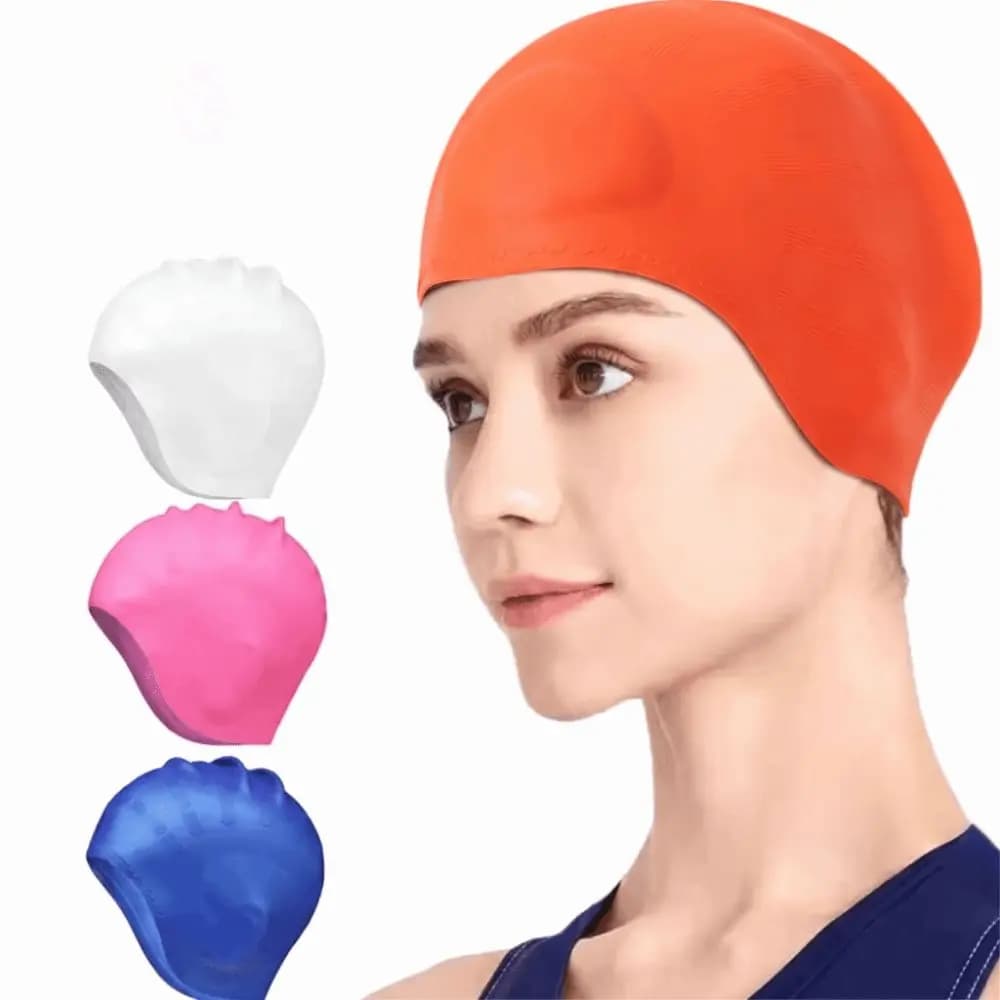 Ear Pockets Silicone Swim Cap High Elasticity Ear Protection Swimming Cap Large Size Non-slip Swim Hat Men Women