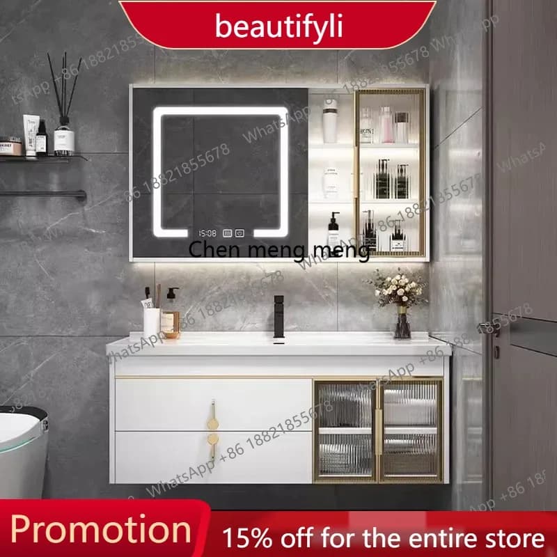 X188 Mobile Bagno in Ceramica con Lavabo Integrato, Specchio Intelligente e Mobiletto Mobile - Arredo Bagno