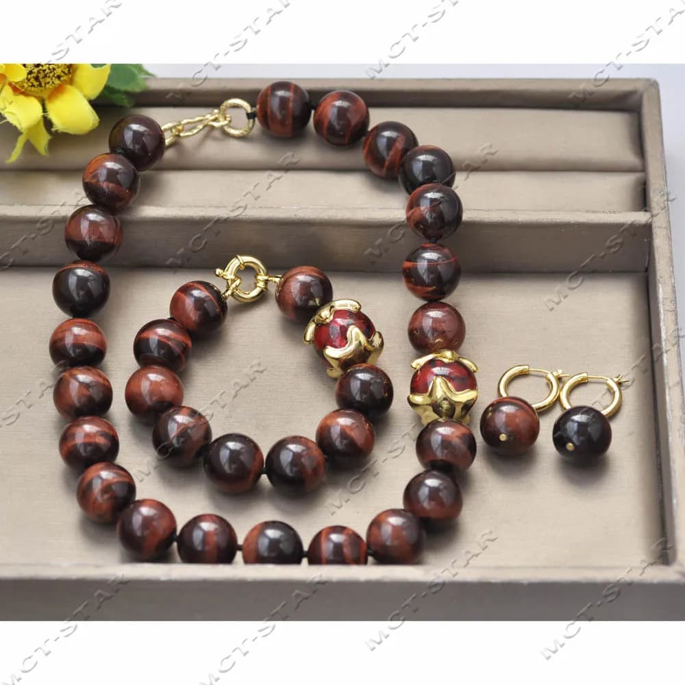 Z13770 Set 19 "18mm Rosso Rotondo Occhio di Tigre Palla di Fuoco Collana di Vetro Bracciale Orecchino Gioielli Personalizzati