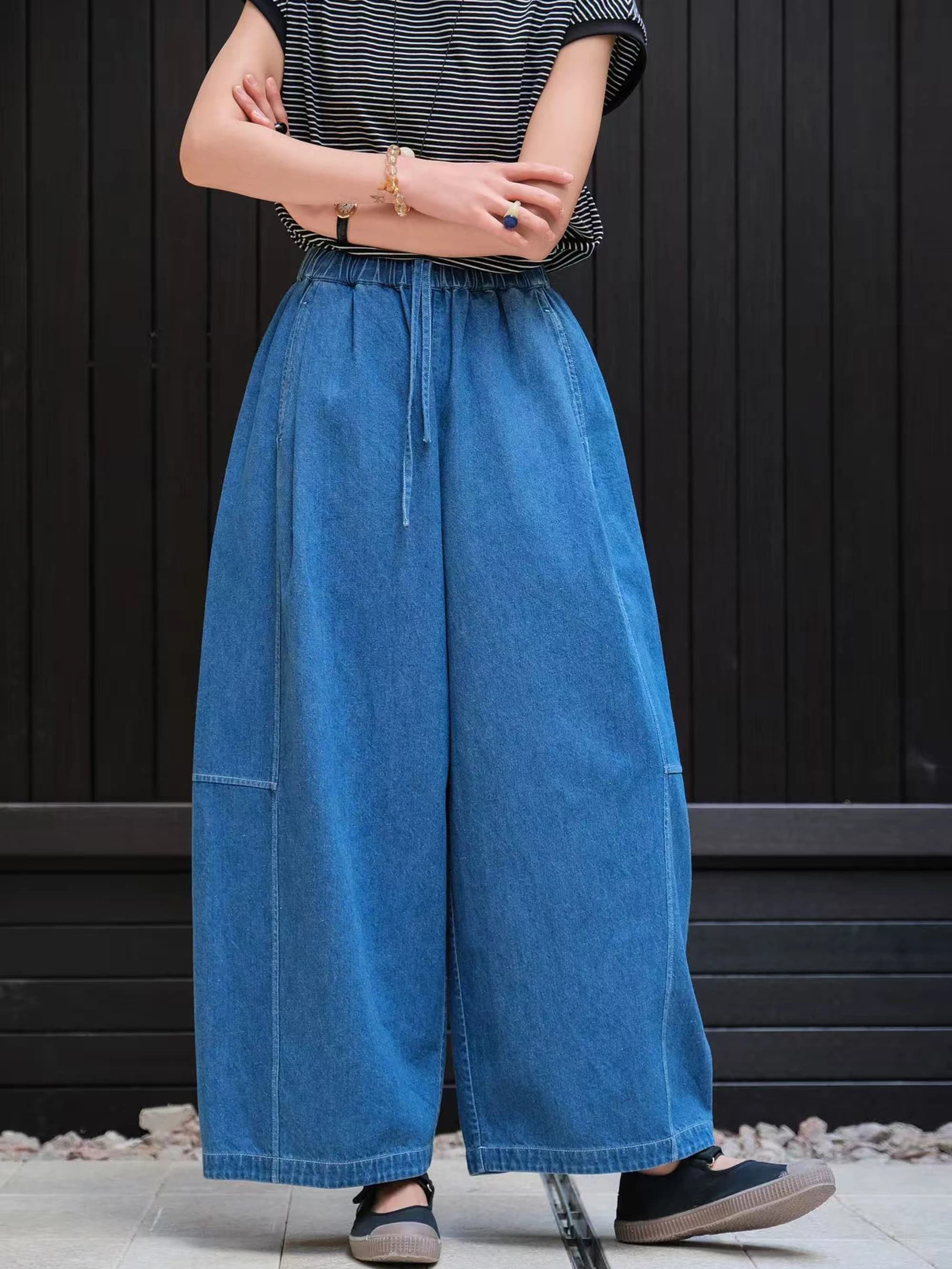 Jeans in Denim Lavato Han Han, Misto Cotone, Vita Elastica, Semplici e Comodi, con Cuciture a Blocchi di Colore, Casual, Gamba Dritta