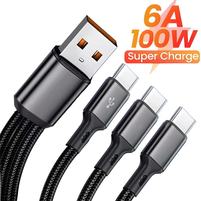 Quick charging data cable 3 in 1 from 100 W 6A from USB-A to 3 × type C for iPhone 17 USB C data transfer cable for Android phone Samsung Xiaomi