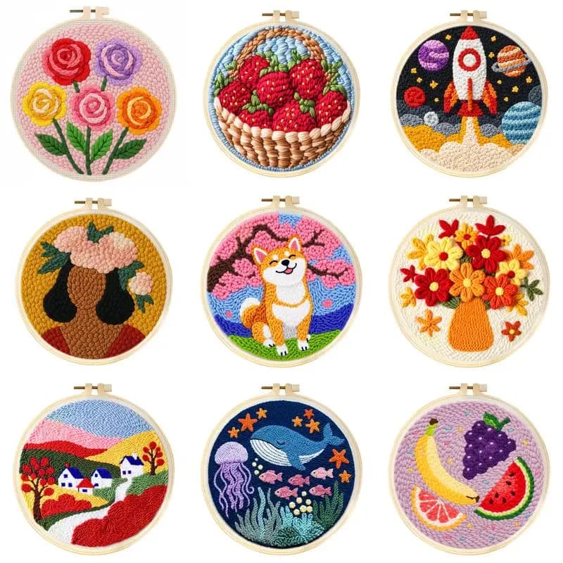 Punch Needle Kit With Embroidery Hoop Flower Pet Fruit Craft Kit for Adults Beginners Artistic Handcraft DIY Work Elegant Home D