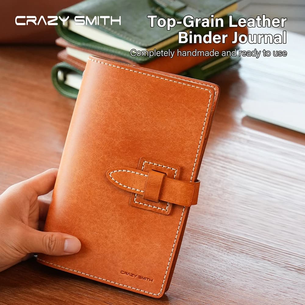 CRAZYSMITH Handmade Binder Journal Vintage Top-Grain Leather Cover Refillable Loose Leaf Binder Notebook Journal Diary Note Pad