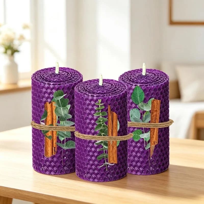 3pcs cinnamon purple wrapped honeycomb beeswax cone candles, 5×10cm, with home tabletop decoration, festive Christmas gift