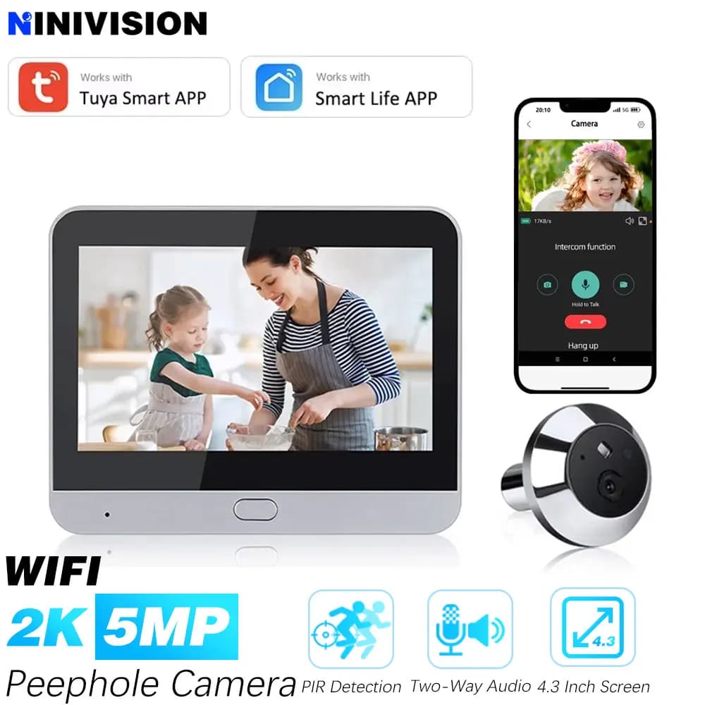 5MP Mini Digital Door Peephole Camera Tuya Smart 140° Wide Angle WiFi Doorbell PIR Detection Eye Viewer for Front Door Security