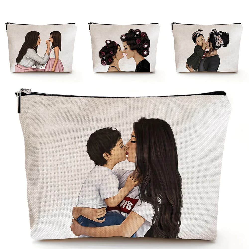 Cartoon Super Mom Lady Borsa per il trucco Doppia stampa Borse per cosmetici in lino Borsa da viaggio per articoli da toeletta Custodia da donna