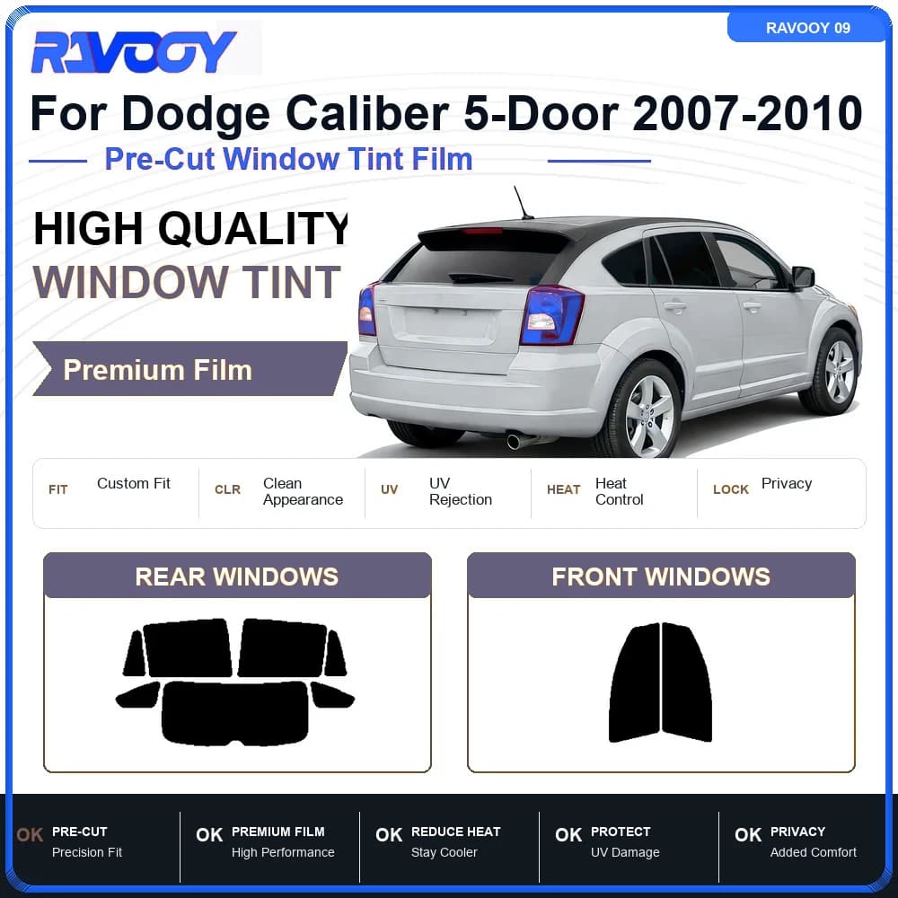 RAVOOY Precut Window Tint, Reusable Removable EPU Film, Custom Fit for Dodge Caliber 2007-2011, UV Heat Protection