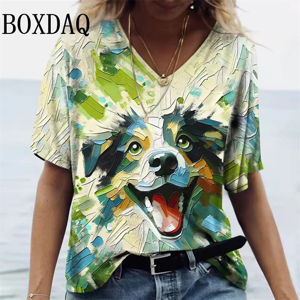 Tie Dye Oil Painting Women's T Shirt Plus Size Summer Short Sleeve Loose Tops Large Size Casual Fashion V-Neck Pullover Tops 8XL