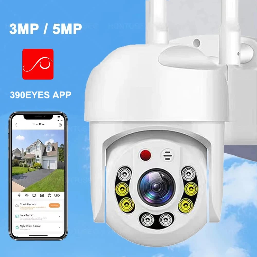 Telecamera PTZ WiFi 5MP 390EYES APP per Esterni, Rilevamento AI con Tracciamento Automatico 5G, Audio Bidirezionale, Visione Notturna a Colori, Sistema di Sicurezza