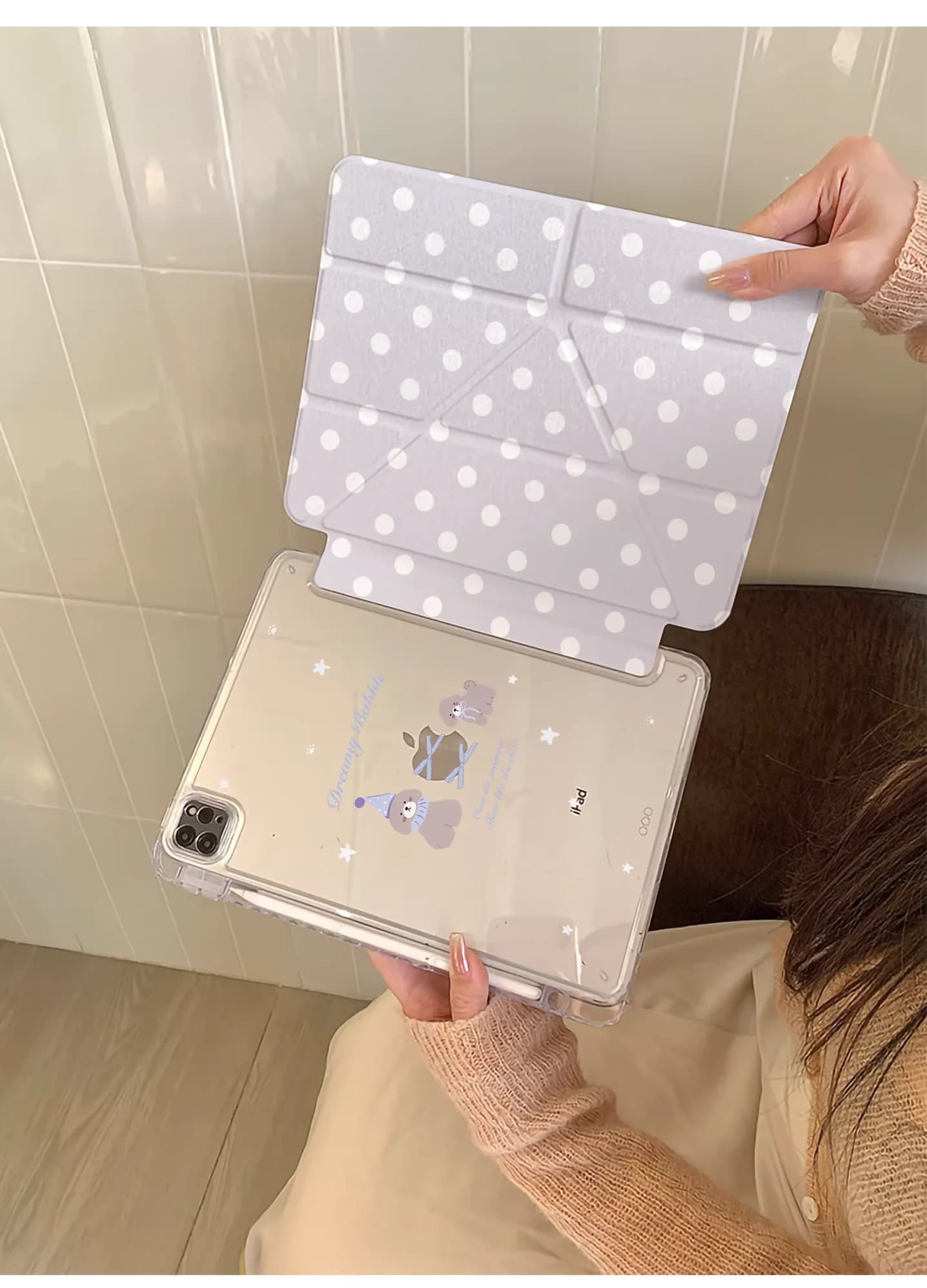 Cover per iPhone/iPad Mini 4 5 6 7 8 9 10 Air 1 2 3 4 5 6 7 M2 M3 A16 Pro M4 M5 con design coreano a pois viola e simpatico cucciolo, con slot per penna, stile Ins