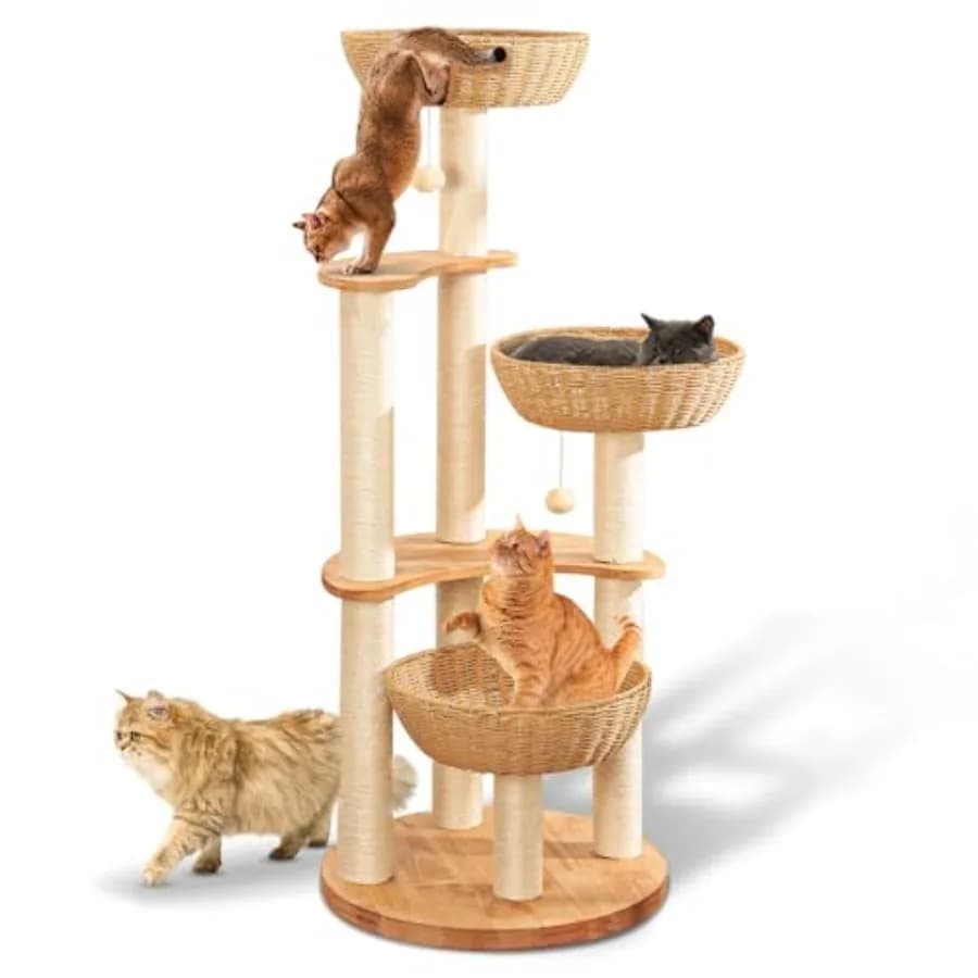 Torre Tiragraffi Moderna da 54 Pollici per Gatti da Interno, Tiragraffi in Rovere per Gatti Grandi Multipli, Cuccia di Lusso Intrecciata a Mano