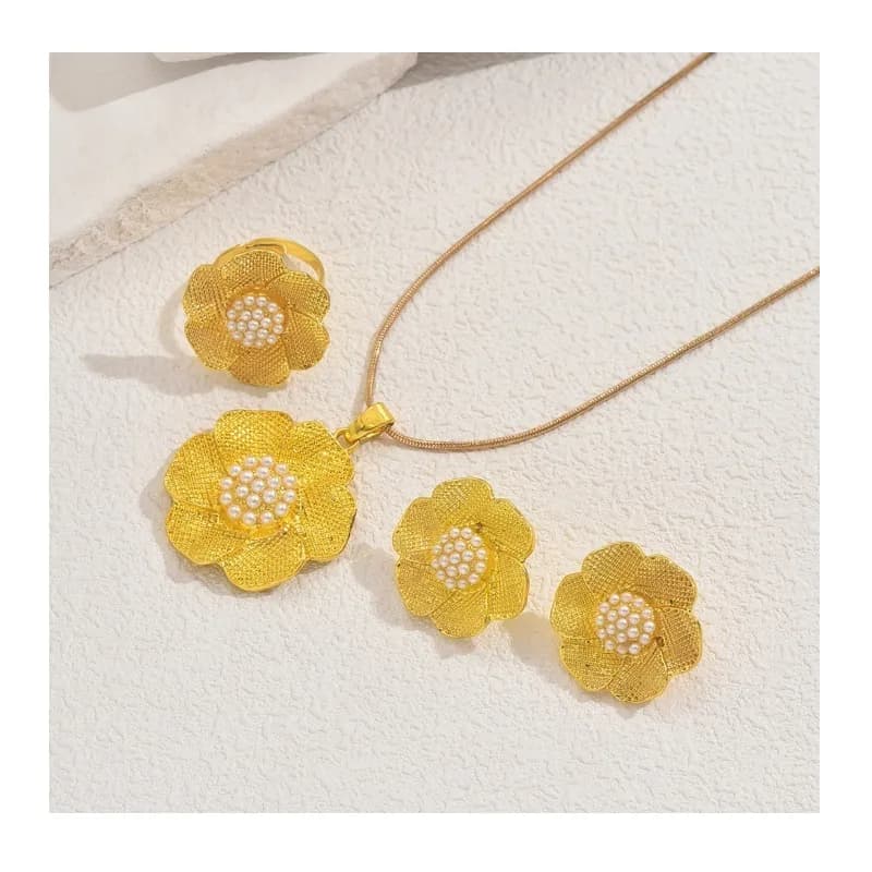 Set di Collana e Orecchini Geometrici da Donna, Design Personalizzato con Fiori Incastonati e Perline di Riso, Anello Aperto per Donna