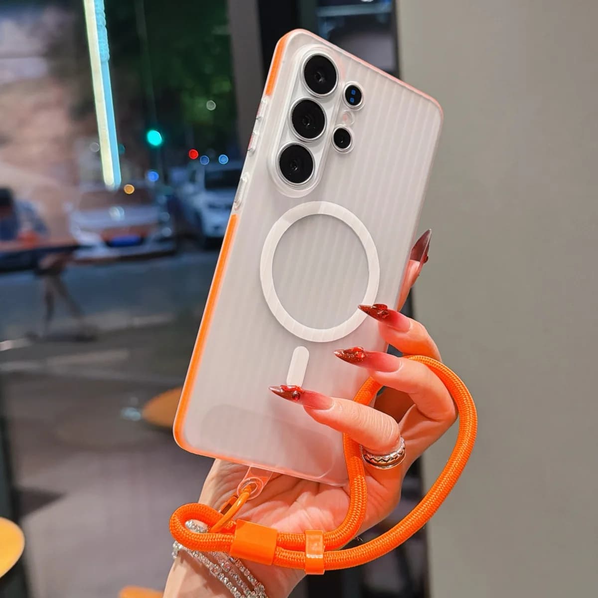 Cover per telefono trasparente con strisce 3D ondulate per Magsafe, compatibile con Samsung S26 S25 S24 S23 Ultra Plus, con ricarica magnetica e cinturino da polso, cover sottile