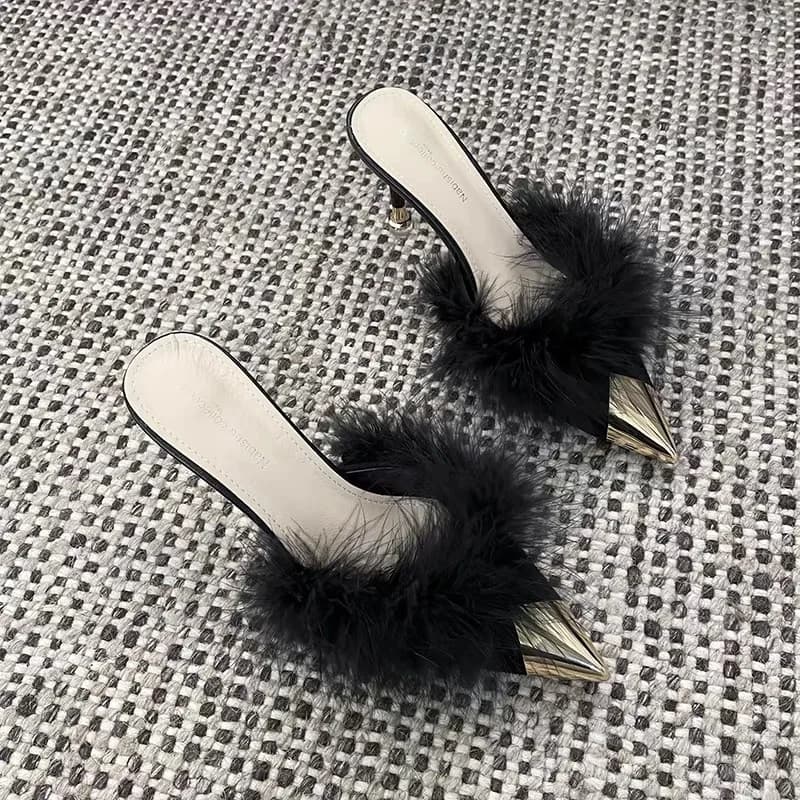2026 New Fashion Women's Pointed Toe Metal Capped High Heel Semi Slippers Low Cut Velvet Surface Comfortable Wear Summer Shoes