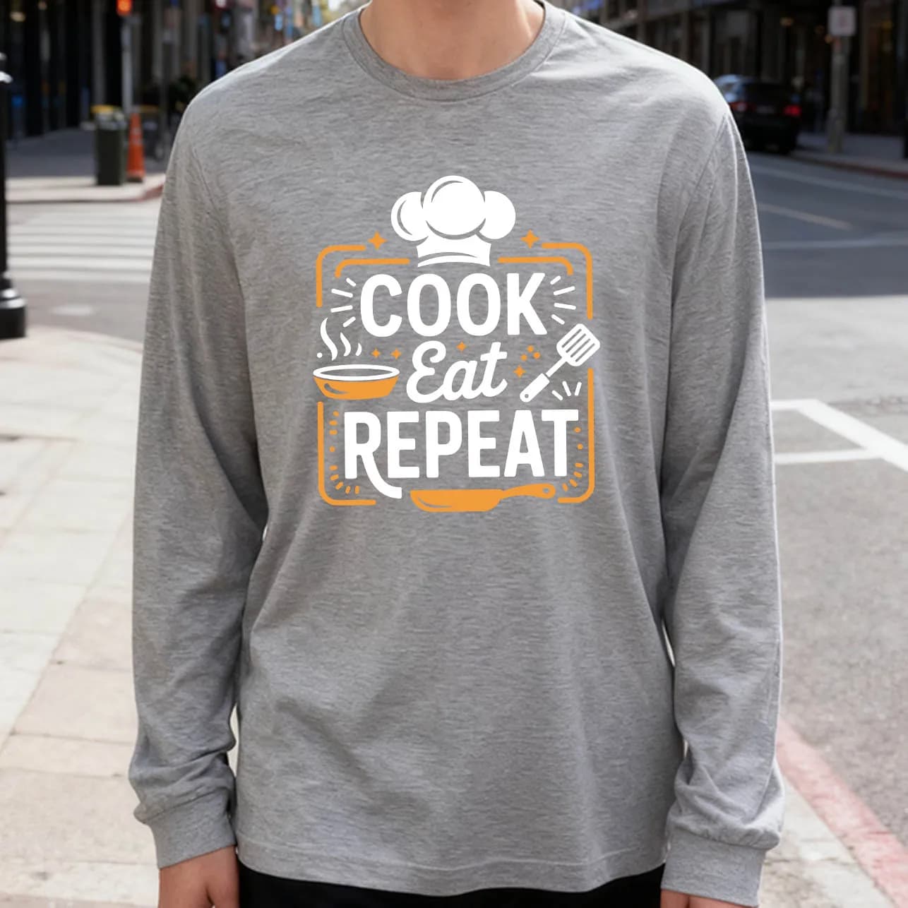 Men's long-sleeved t-shirt with pan and spatula 180g 100% cotton casual printed crew neck to wear every day soft and breathable
