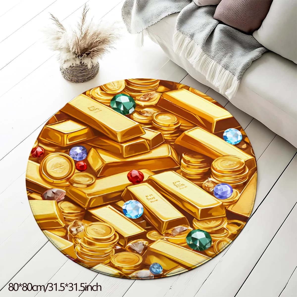 Round flannel mat printed with golden bars and design with gems for yoga, meditation and home decoration, soft floor mat, luxury theme