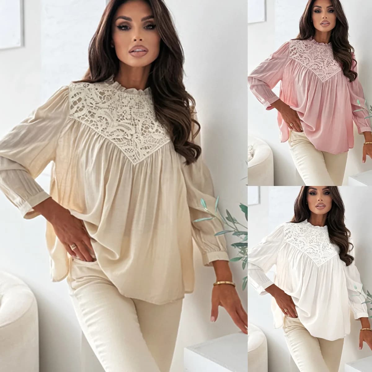 Gentle Style Lace Spliced Loose Top, Frill Neck Gathered Puff Sleeve Slim Tummy Cover Blouse